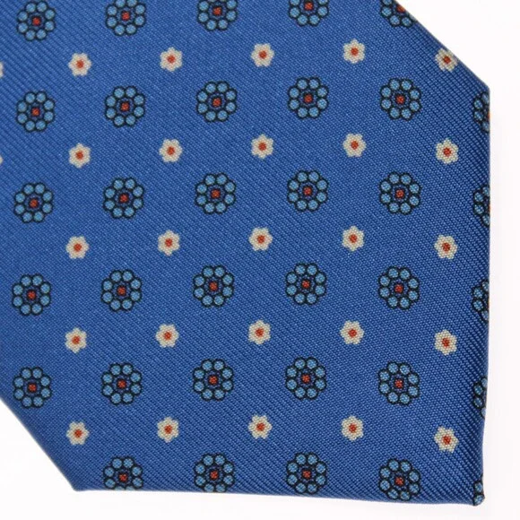 Drake's NWT Neck Tie in Blue with White & Orange Mini Floral Print 100% Silk